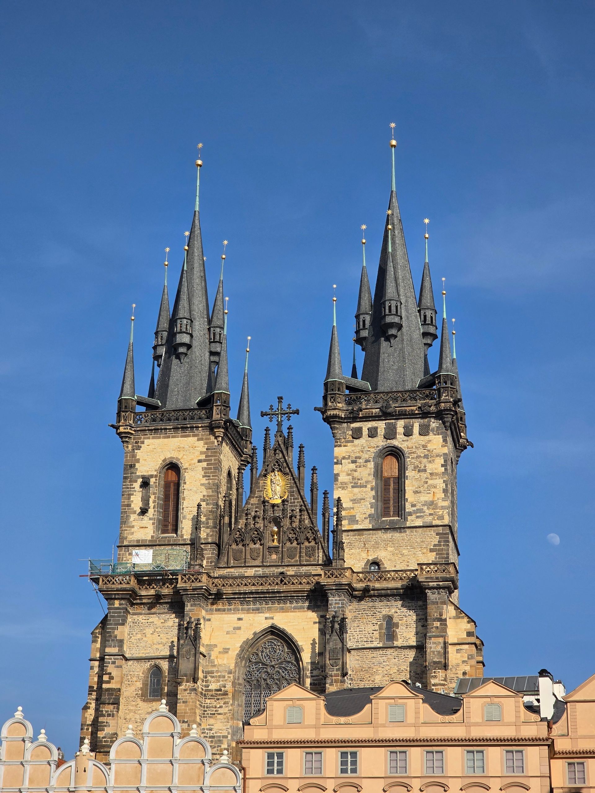 Stunning view of the Gothic architecture of the Church of Our Lady before Týn in Prague.